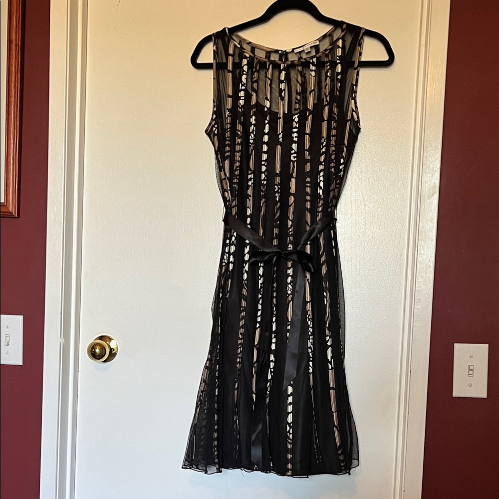 Sandra Darren Black and Animal Patterned Satin Mesh Midi Cocktail Dress